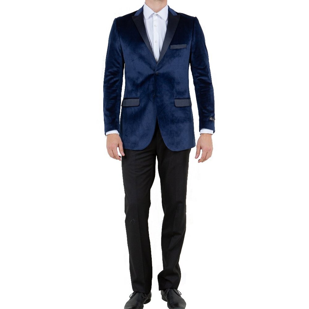 Solid Navy Blue Velvet Satin Peak Lapel Tazzio Men's Jacket